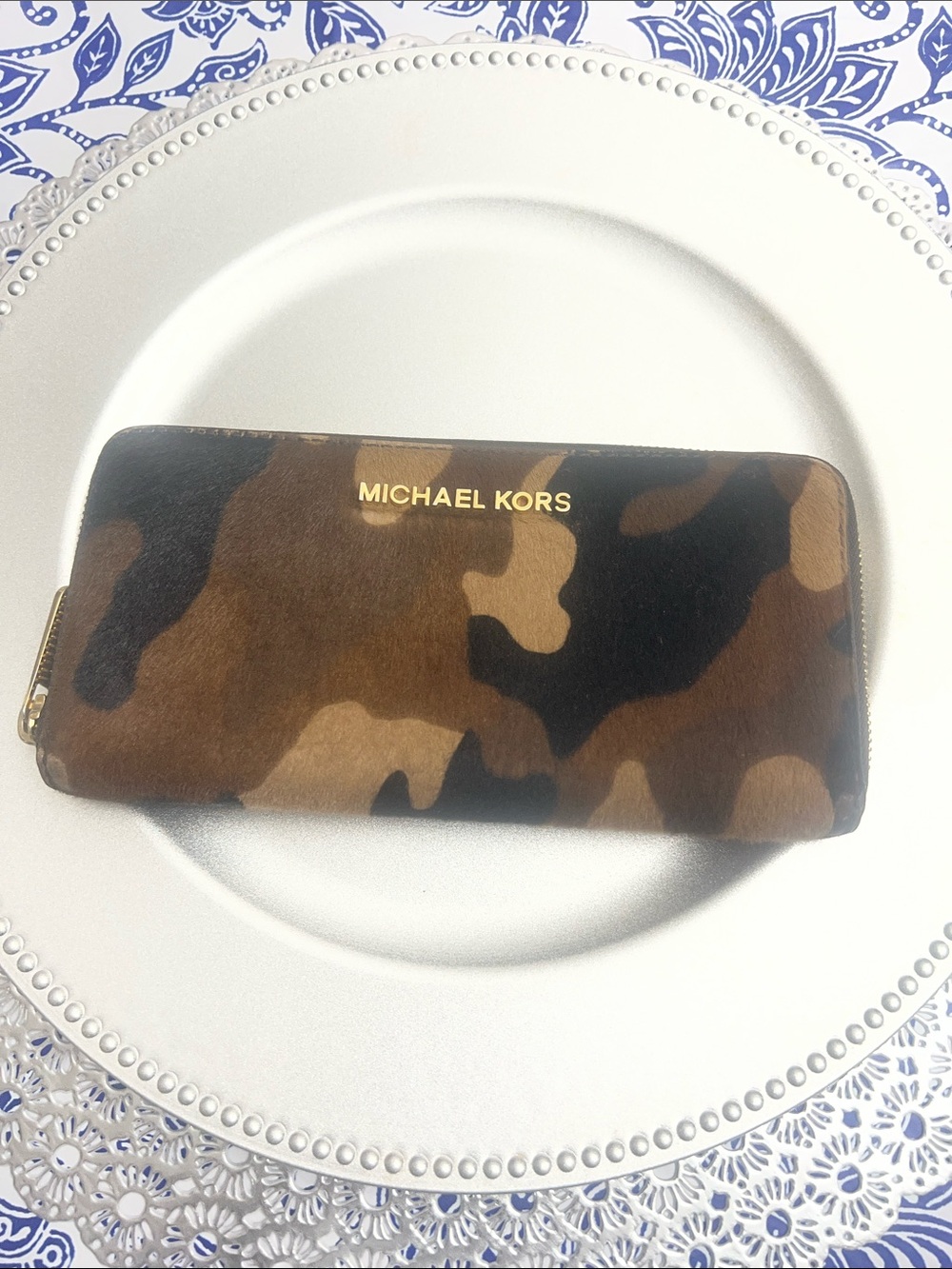 Michael Kors Brown and Black Camouflage Zip Card Holder
